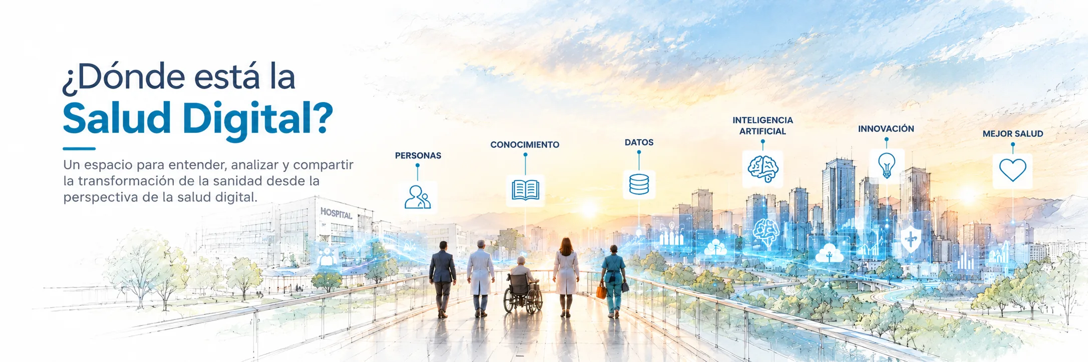 Ilustración panorámica sobre personas, datos, inteligencia artificial y salud digital